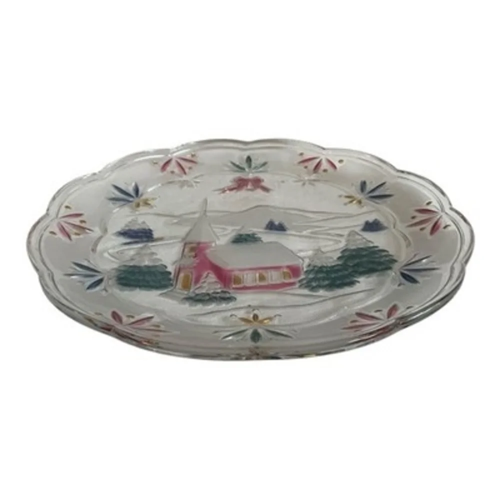 Studio Nova Winter Chapel Christmas Glass Serving Plate Vintage NIB